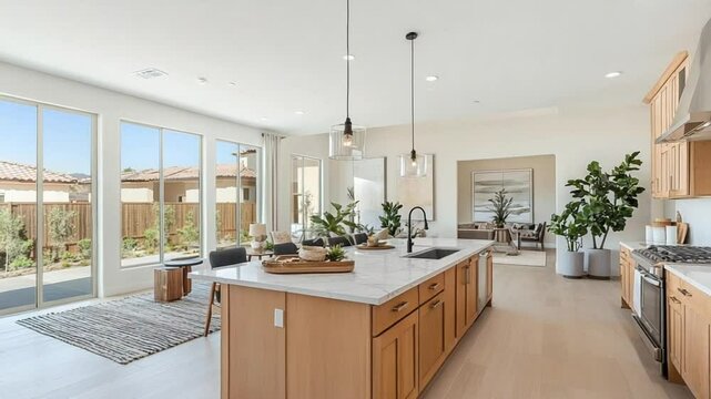 Modern kitchen, open-plan design, backyard view, natural light, home staging
