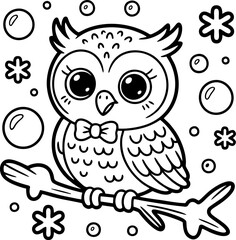 Cute Kawaii Owl with Bow Tie, Fun Cartoon Coloring Page