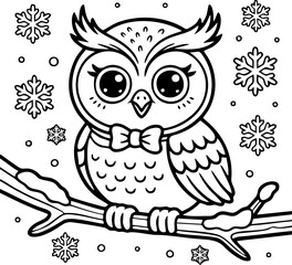 Cute Kawaii Owl with Bow Tie, Fun Cartoon Coloring Page