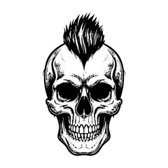 Fototapeta premium Skull punk hairstyle engraving black and white outline. Scratch board imitation.