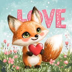A cute fox holding a heart in a spring meadow.
