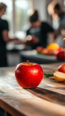 Apple on a kitchen table with copy space vertically 9:16