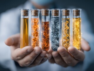 Scientist holding test tubes with glowing liquid substances in laboratory close up conceptual shot of medical research and development