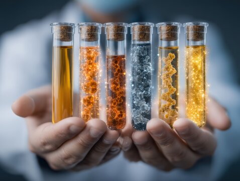 Scientist holding test tubes with glowing liquid substances in laboratory close up conceptual shot of medical research and development - Powered by Adobe