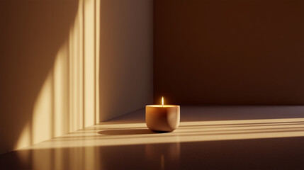 A candle is lit in a small bowl