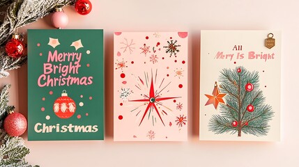 Three christmas cards with festive designs.