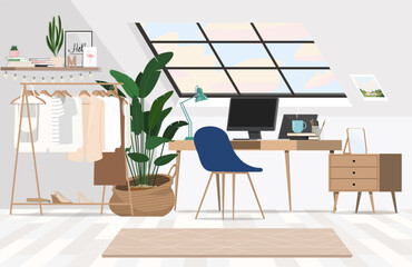Modern home interior with wardrobe and workplace. Scandinavian-style room furnished with hanger, shelves, table, chair, cabinet and computer. 