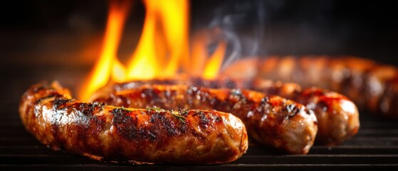 Grilled Sausages on Fire Close-up Delicious Food Photography Artisan Cooking Meat Culinary Arts Barbecue Preparation