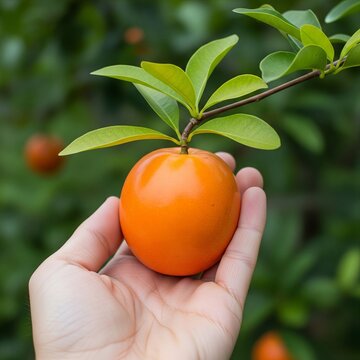 A close-up photo of a hand gently holding a ripe Barbadine in a lush garden,