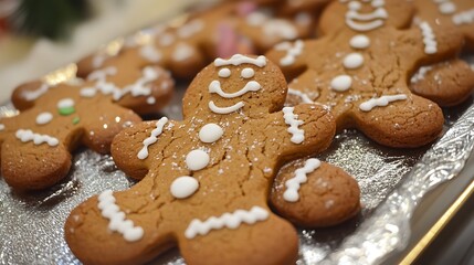 Festive gingerbread men cookies arranged on a tray.