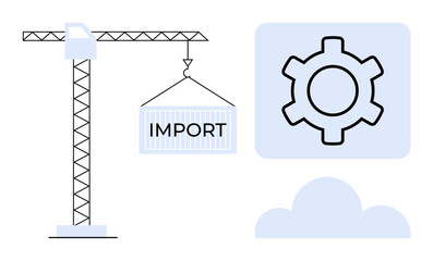 Crane hoisting an import container next to a gear icon above a cloud. Ideal for supply chain, logistics, global trade, import-export, technology, productivity, simple landing page