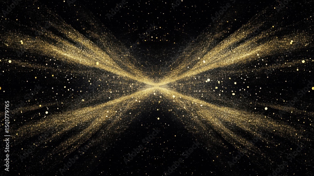 Poster golden particles explode in symmetrical pattern on black background abstract glitter effect design e