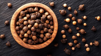 Top view of allspice berries in a wooden bowl on a black stone surface