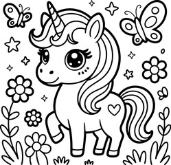 Adorable Kawaii Unicorn with Butterflies – Cute Coloring Page for Kids