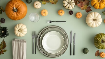 A fall table setting with pumpkins and autumn leaves.