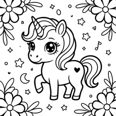 Adorable Kawaii Unicorn with Butterflies – Cute Coloring Page for Kids