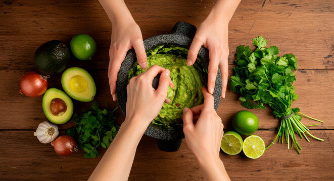 Hands Preparing Fresh Guacamole with Avocado and Lime