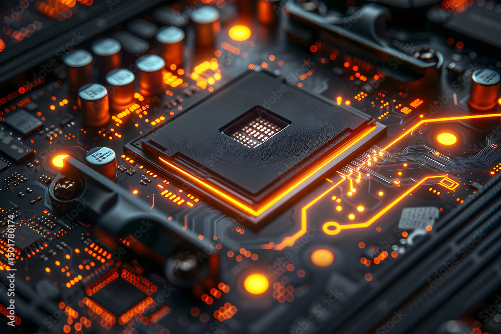 Poster illuminated computer motherboard close up with glowing orange circuits and processor for technology 