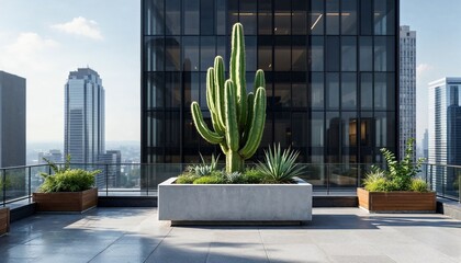 Large cactus in rooftop planter outside modern glass building with city skyline behind