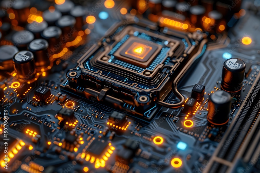 Poster detailed circuit board with integrated cpu and electronic components illuminating with warm tones re