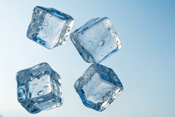 Obraz premium Clear ice cubes caught in a dynamic frozen moment, with water droplets shimmering in the light