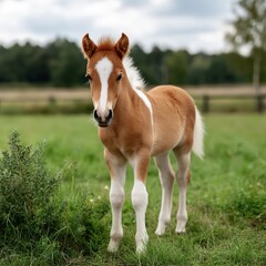 Obraz premium Chestnut Horse Foal Standing in Green Field