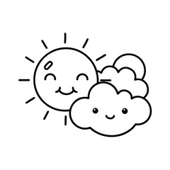 Cute cartoon sun and cloud smiling together in a simple black and white illustration
