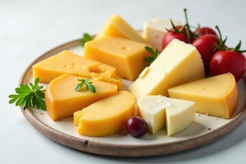 Elegant cheese platter, various cheeses, white backdrop , creamy, german, milk