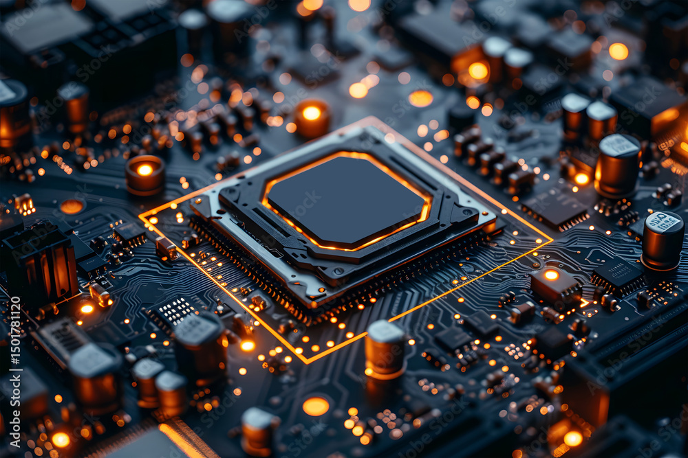 Poster close up of a computer processor and motherboard displaying advanced technology microchip electronic