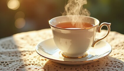 China teacup filled with steaming English breakfast tea, on vintage lace tablecloth