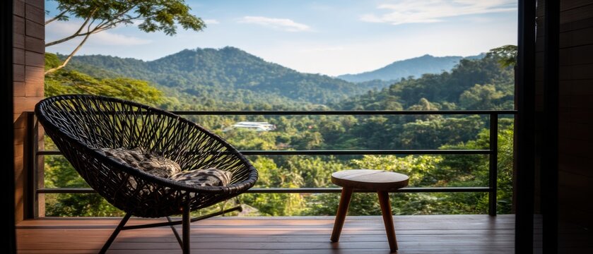 Relaxing Wicker Chair on Balcony Overlooking Lush Green Mountains in Tropical Thailand at Sunrise Serene Vacation Getaway