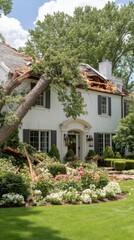 Obraz premium Tree falls on house damaging roof after storm in residential neighborhood; eye-level view of disaster and aftermath