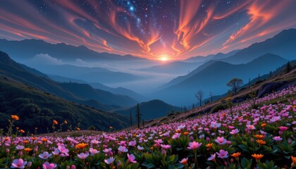 Sunrise Over Celestial Valley Blooms Majestic Mountains Landscape Photography Tranquil Environment Serene Viewpoint Nature's Beauty