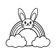 bunny rabbit peeking over a rainbow with clouds coloring page 