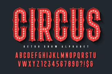 Retro circus alphabet design, cabaret, fairy LED lamps letters and numbers.