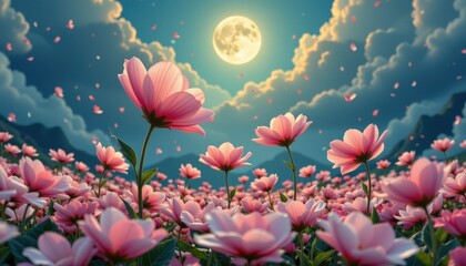 Enchanting Moonlit Flower Field Fantasy Landscape Digital Art Vibrant Nature Aerial View Whimsical Concept