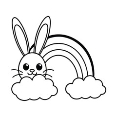 bunny rabbit peeking over a rainbow with clouds coloring page 