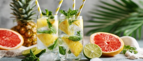 Fototapeta premium Refreshing Pineapple Mojito Cocktails with Mint and Citrus Fruits Still Life Close Up Summer Drink