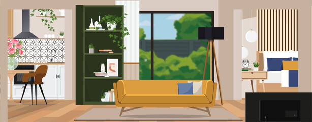 Modern interior design of a living room, kitchen and bedroom.