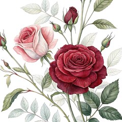 Burgundy and Red Rose Watercolor Elements Set white background