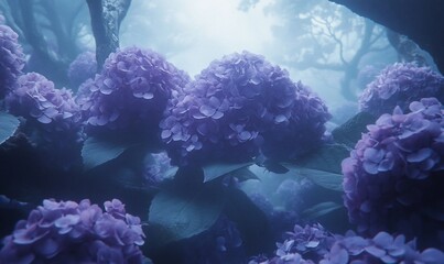Misty indigo hydrangeas in a blue forest