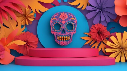 Colorful floral display with a decorative skull.