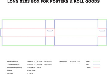 Detailed flat box template for packaging and shipping posters and long roll goods designs