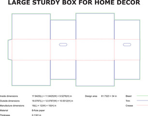 Flat box template for home decor construction with dimensions and manufacturing specifications