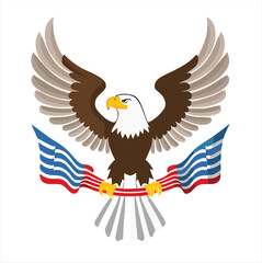 American bald eagle soaring with national flag