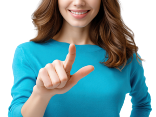 Focused Gesture: A woman, smiling brightly, extends her index finger toward the viewer. Capturing attention and highlighting a point.