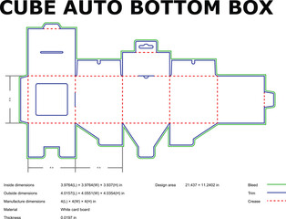 Detailed packaging template for a cube auto bottom box with specified dimensions