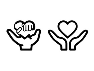 Obraz premium Heart in Hands: Two line art illustrations depicting hands carefully cradling a heart symbol, symbolizing love, care, and protection.