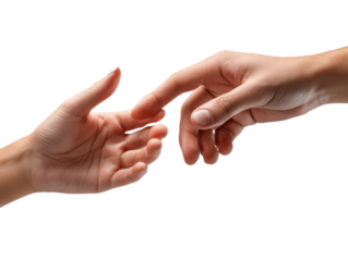 Touching Moments: An intimate capture of two hands reaching toward each other, fingertips nearly touching. A tender illustration of connection, longing, and unity.