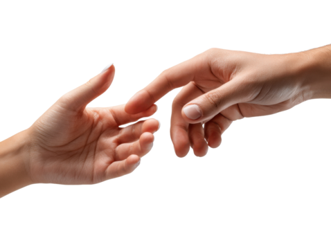 Touching Moments: An intimate capture of two hands reaching toward each other, fingertips nearly touching. A tender illustration of connection, longing, and unity. - Powered by Adobe